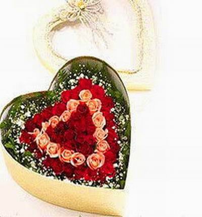 36 red Roses on the outter heart, 18 pink Roses in the middle, 12 red Roses in the center. Surrounded by Baby Breath and greens. Enclosed in a heart shaped box (boxes may vary and supplies are limited)