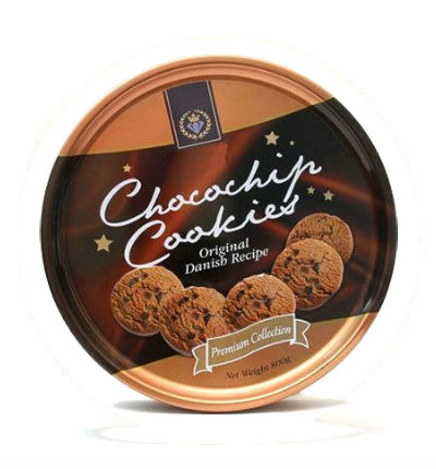 Metal container of chocolate cookies