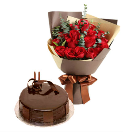 Chocolate cake, 4 lb & 20 stem Rose bouquet