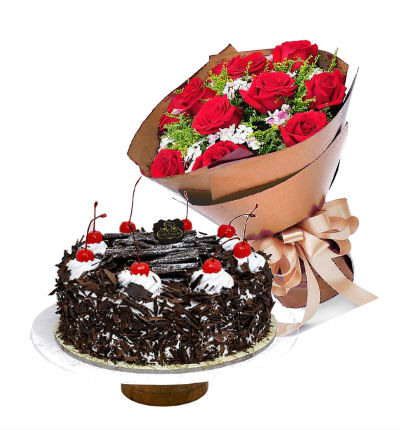 Forrest cake, 2 lb (1 kg), with one dozen red Roses (substitutions may apply if item not available)