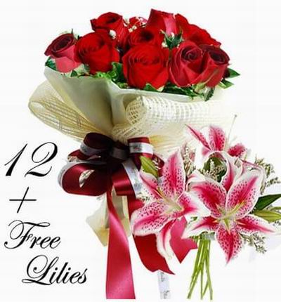One dozen Roses +  Lilies (added in one bouquet)