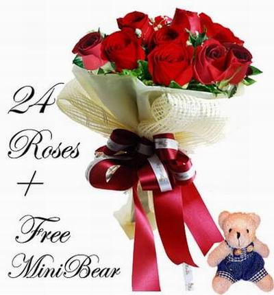 Two dozen Roses +  mini teddy bear (10 - 15 cm tall) or stuffed animal