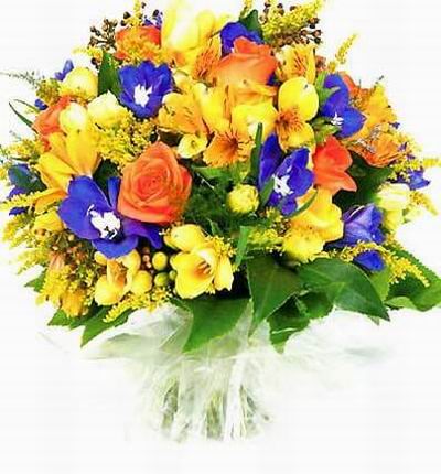 Bouquet of 6 orange roses and mixture of tulips, Alstromerias and fillers.