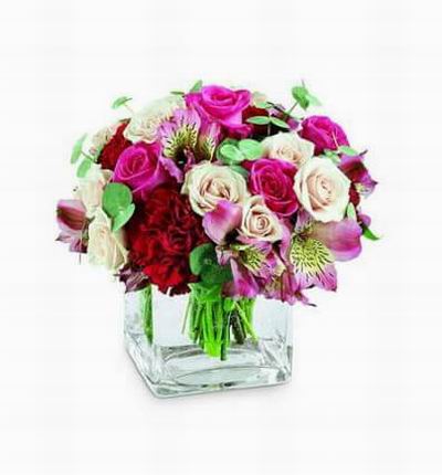 Pale pink spray roses are gently caressed by hot pink roses, burgundy carnations and pink alstroemeria in this sweet bouquet. All arranged in a clear rectangular glass vase.