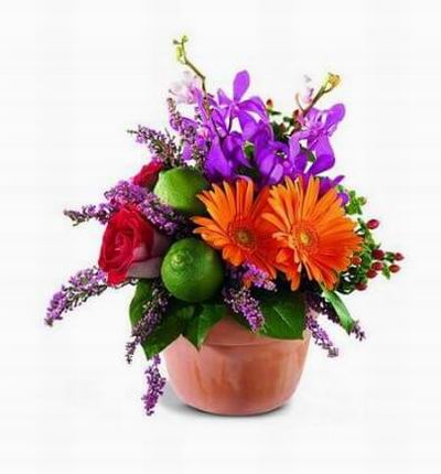 Bright orange Gerbera daisies, fuchsia Mokara orchids and ruby red roses are only slightly subdued by pink heather and red hypericum berries.