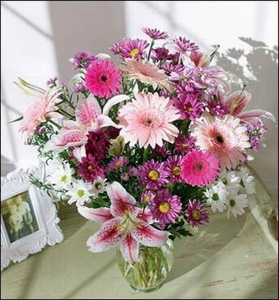 Pink Lilies.white,purple,pink Chrysanthemums and dasies