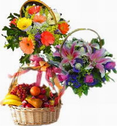 Multi-colored Daisy basket, pink Lily basket and fruit basket