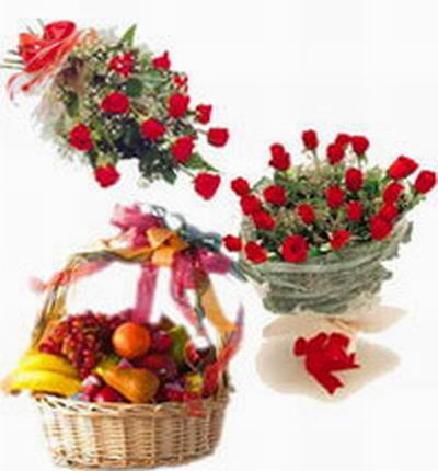 Dozen red Roses, two dozen red Roses and fruit basket