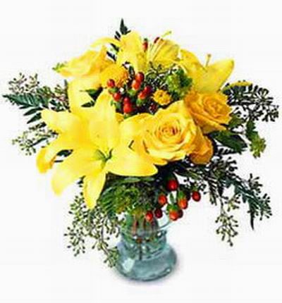 3 yellow Roses and 3 yellow Lily buds with green fillers