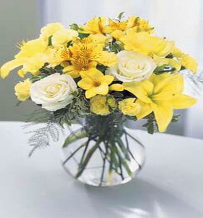 2 white Roses,3 yellow Lily buds with Alstromerias and yellow flower fillers