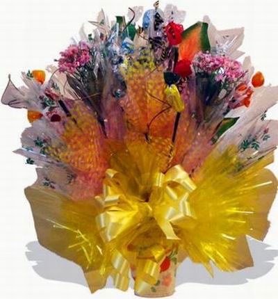 Groups of flowers in clear and designed wrapping