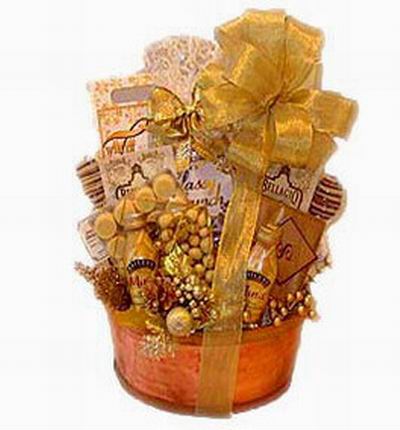 Basket of golden packets. Chocolates, nuts, cookies