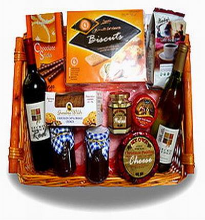 1 bottle of red wine and 1 bottle of white wine, box of biscuts, chocolate biscuts, strawberry Jam, Grape Jam, Cheese, mustard and cookies.