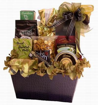 Basket of pretzels, smoked almonds, cheese, crackers and dried assorted nuts..