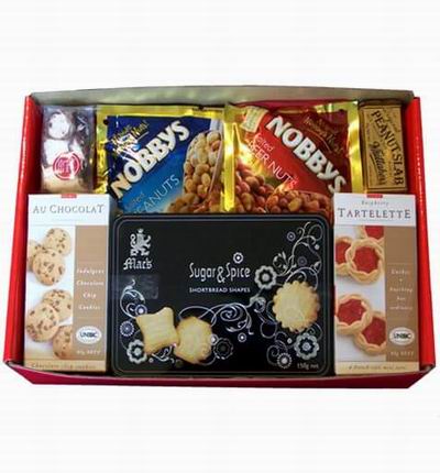 Box of Chocolate Cookies, Tart Cookies, Sugar & Spice Cookies, Roasted and plain Peanuts, Chocolates.
