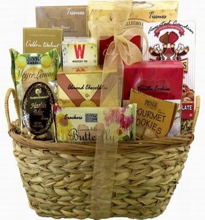 Basket with Heathy mixed nuts, Crackers, Gourmet Cookies, Vanilla Cookies, Chocolate Cookies, Tea, Golden Walnuts, Almond chocolates, assorted candies and two boxes of tissues to wipe those mouths from all those snacks!