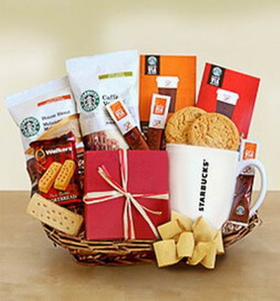 Starbucks Coffee Basket. Includes cookies, Candy Bar, Samatra and House Blend coffee beans and one Starbucks Cup.