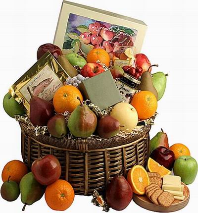 Fruit Basket of 6 Oranges, 10 Pears, 5 red Apples, 3 green Apples, 1 Fuji Yellow Apple with Salmon, Cheese and Grape Jam.