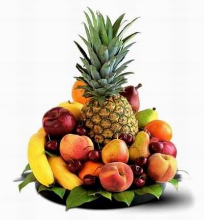 Fruit Basket of 1 Pineapple, 2 red Apples, 4 Peaches, 2 Pears, 3 Oranges, 2 Bananas surrounded by 10 Cherries.