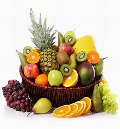 Fruit Basket of 1 Pineapple, 2 Oranges, 2 red Apples, 1 green Apple, 6 Pears, 1 Advocado, Finger Grapes and Globe Grapes.