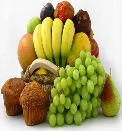 Small basket of 4 assorted muffins, 4 Bananas, 2 red Apples, 1 green Apple, 1 Plum, 1 Pear, 1 Papaya and Finger Grapes.