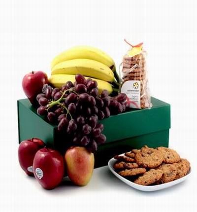 Fruit box of 4 red Apples, 3 Bananas, grapes and bag of Oatmeal Raisin Cookies (Chocolate Cookies may be substituted based on availability)