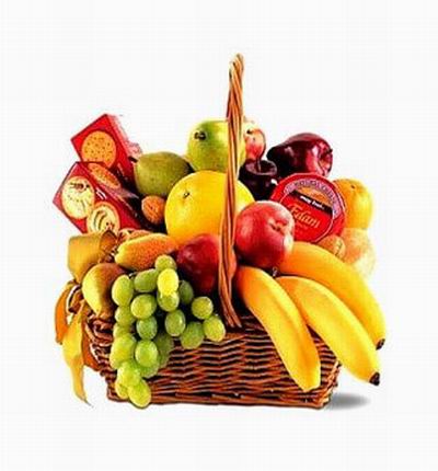 Fruit Basket of Finger Grapes, 3 Bananas, 3 red Apples, 2 Oranges, 4 Pears, 1 Plum with 2 boxes of Crackers and Cheese