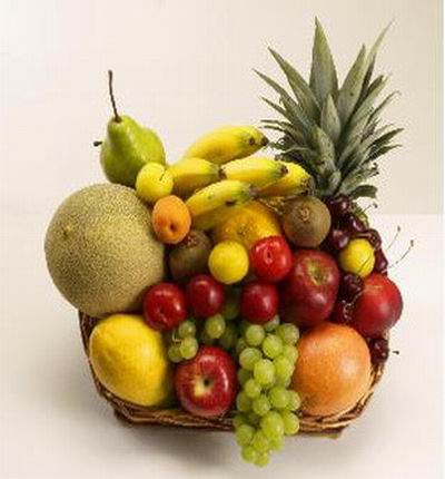 Fruit Basket Tray of 1 Pineapple, 5 Bananas, 1 Cantaloupe, 2 red Apples, 5 Plums, 4 Apricots, 2 Kiwis, 1 Pear, 2 yellow Melons, 1 Grapefruit with a sprinkle of 8 red Cherries.