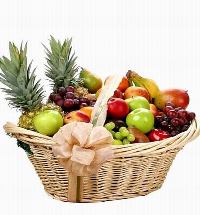 Fruit Basket of 2 Pineapples, 3 green Apples, 2 Apples, 4 Peaches, 2 Oranges, 2 Mangos, 3 Bananas, 2 Pears, 2 bunches of Globe Grapes and 1 bunch of Finger Grapes.