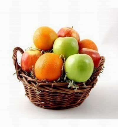 Small Basket of 3 Oranges, 3 red Apples and 2 green Apples.