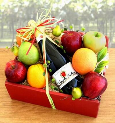 Fruit box of 3 red Apples, 3 Oranges, 1 green Apple, 1 Pear and Apple Cider. (A basket will be used if boxes are not available)