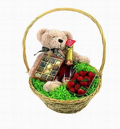 Fruit Basket of Sparking Cider, 15 Strawberries, Assorted Chocolates and 30 cm Teddy Bear.
