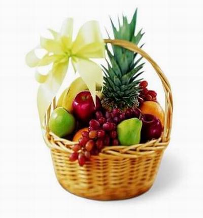 A fruit basket of 1 Pineapple, 2 red Apples 1 green Apple, 2 Oranges, 1 Pear, 3 Bananas and 2 bunches of Globe Grapes.