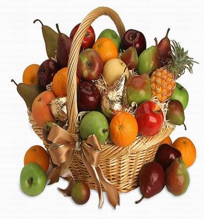 A fruit basket with 8 Oranges, 12 Pears, 6 red Apples, 4 green Apples, 1 yellow Fuji Apple and 1 Pineapple. A Pear and an Apple will be wrapped in Golden or Silver Foil.