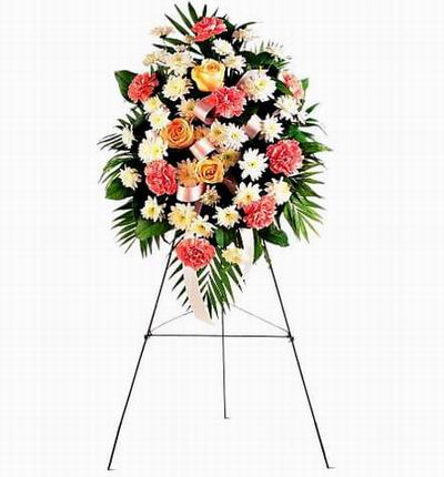 Flower Stand of Carnations and Chysanthemums with large leaves (Substitutions may apply if a flower item is unavailable)