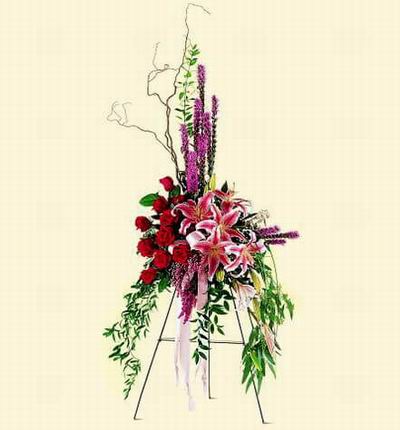 Flower Stand of Lilies, Roses and Liatris with Greenery fillers (Substitutions may apply if a flower item is unavailable)