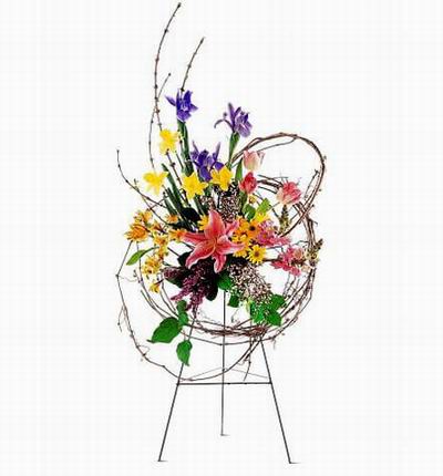 Flower Stand of Lilies, Tulips, Iris, Daisies with Greenery and flower fillers (Substitutions may apply if a flower item is unavailable)