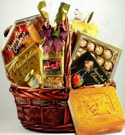 A box of Premium Mooncakes and a Basket of Assorted cookies, Chocolates, Nuts, Assorted Chocolates and Ferrero Chocolates (24 pcs).