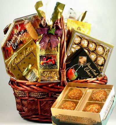 A box of Standard Mooncakes and a Basket of Assorted cookies, Chocolates, Nuts, Assorted Chocolates and Ferrero Chocolates (24 pcs).