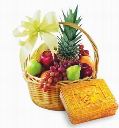 A box of Premium Mooncakes and a Fruit Basket of 1 Pineapple, 2 red Apples, 1 green Apple, 2 Oranges, 1 Pear, Globe Grapes and 3 Bananas.