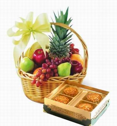 A box of Standard Mooncakes and a Fruit Basket of 1 Pineapple, 2 red Apples, 1 green Apple, 2 Oranges, 1 Pear, Globe Grapes and 3 Bananas.