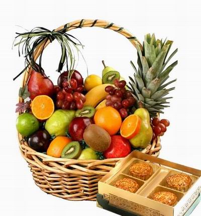 A box of Standard Mooncakes and a Fruit Basket of 1 Pineapple, 2 Oranges, 2 red Pears, 2 green Pears, 2 Bananas, 2 Globe Grape bunches, 2 Kiwis, 2 red Apples and 2 Lemons.