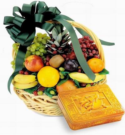 A box of Premium Mooncakes and a Fruit Basket of 1 Pineapple, 3 Bananas, 2 Oranges, 1 Peach, 1 Kiwi, 1 Plum, Surrounded by Finger Grapes and Globe Grapes.