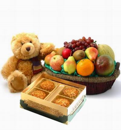 A box of Standard Mooncakes and a Fruit Basket Tray of 3 Pears, 1 red Apple, 1 Orange, 2 Kiwis, 1 Plum, 1 Cantaloupe, Globe Grapes accompanied by a 20cm Teddy Bear.