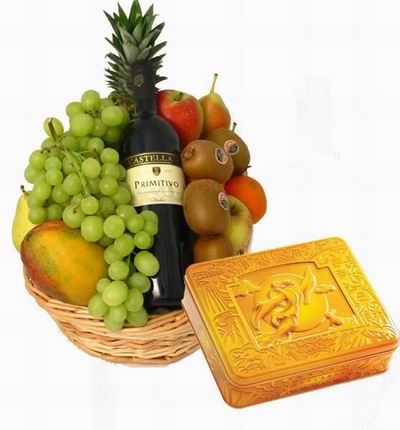 A box of Premium Mooncakes and a Fruit Basket of red Wine, Finger Grapes, 1 Mango, 2 Pears, 1 red Apple, 2 Oranges, 4 Kiwis and Pineapple.