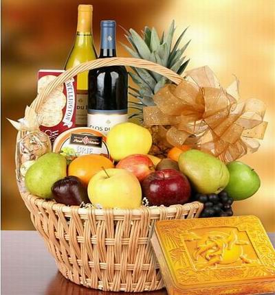 A box of Premium Mooncakes and a Fruit Basket with 1 bottle of red wine, 1 bottle of white wine, a box of Crackers, Cheese, 1 Pineapple, 2 Pears, 2 yellow Fuji Apples, 2 red Apples, 2 Oranges, 2 Kiwis, 1 green Apple, Grapes and a 200g beef Sausage.