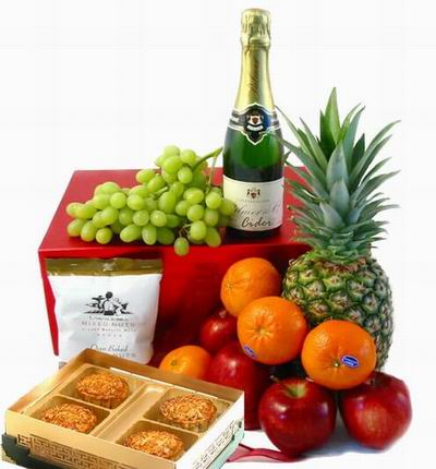 A box of Standard Mooncakes and a Box of a a small bottle of Sparkling Cider, 1 Pineapple, 4 Oranges, 4 red Apples, Finger Grapes and Mixed Nuts. (A basket will be substituted if boxes are not available)