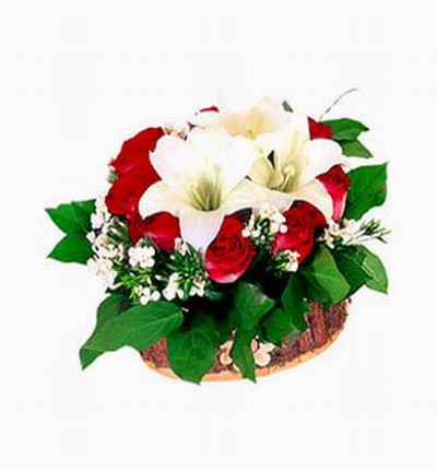 3 white Lily buds and 8 red Roses in cut basket