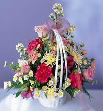3 red Carnations, 3 pink Roses, 3 yellow spider mums or Chysanthemums and Delphinium or Montecasion in basket