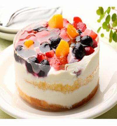 Cake: Strawberry, blueberry, raspberry and cranberry, 4 different berries and yellow pears are fully topped on a torte and combination of vanilla flavor whipped cream with custard and sour taste of fruits. 

Preserved rose in cube.
